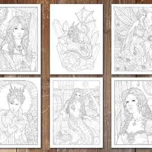 May include: Six black and white coloring pages featuring fantasy and fairytale themes. The pages include a mermaid, a fairy, a dragon, and three women with candles.