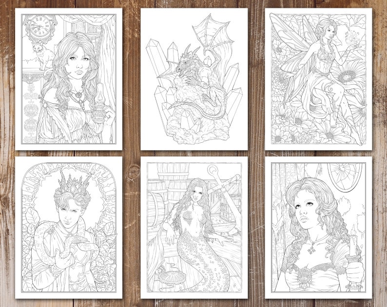 May include: Six black and white coloring pages featuring fantasy and fairytale themes. The pages include a mermaid, a fairy, a dragon, and three women with candles.