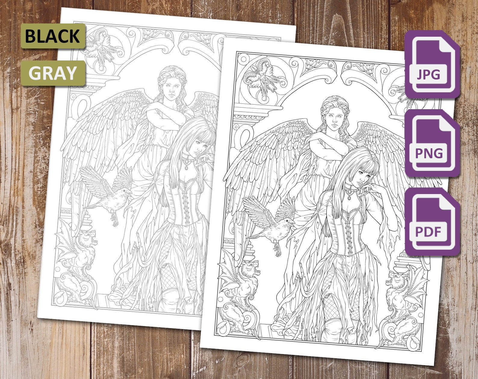 Gothic Coloring Page Under Her Wings Printable Download - Etsy
