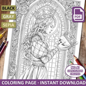 May include: Black and white coloring page featuring a detailed illustration of a woman wearing a crown and holding a skull. The image includes the text "COLORING PAGE • INSTANT DOWNLOAD" and "NO AI 100% HUMAN CREATED".