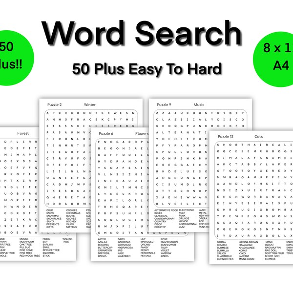 Word Search printable, 50+ Large Print Word Search Puzzles for Adults, Digital download, Easy to Hard