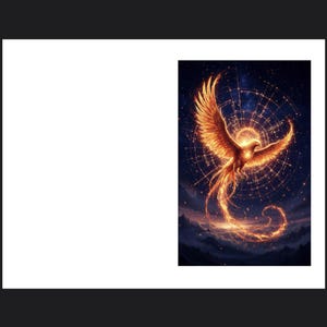 May include: A digital art print of a phoenix in flight, rendered in fiery orange and gold hues. The mythical bird is set against a dark blue starry background with a glowing circular pattern, evoking themes of rebirth and transformation.