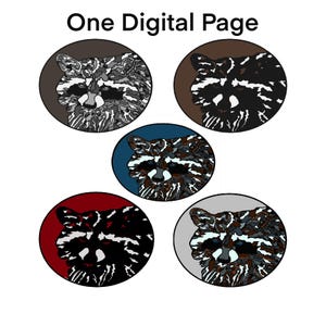 May include: Five circular illustrations of a raccoon's face, each set against a different colored background. The backgrounds are brown, dark brown, blue, red, and gray. The text "One Digital Page" is at the top.