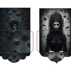 May include: A dark, moody illustration of a woman with long black hair wearing a black dress and a crown of thorns. The background is a dark, shadowy forest with a cage in the background.