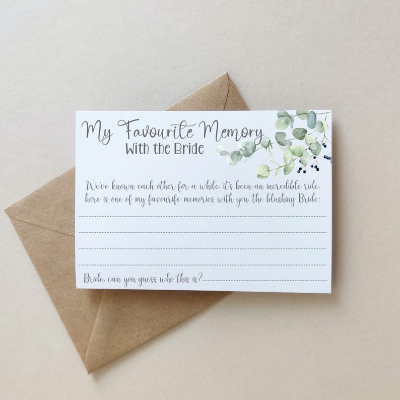 Eucalyptus Hen Party Game Cards in A6 – Best Memory with the Bride, Advice for the Bride, Guess the Dress, What the Groom Said, Guess Who Mr or Mrs, Would She Rather – 250 gsm cardstock wrapped in cellophane