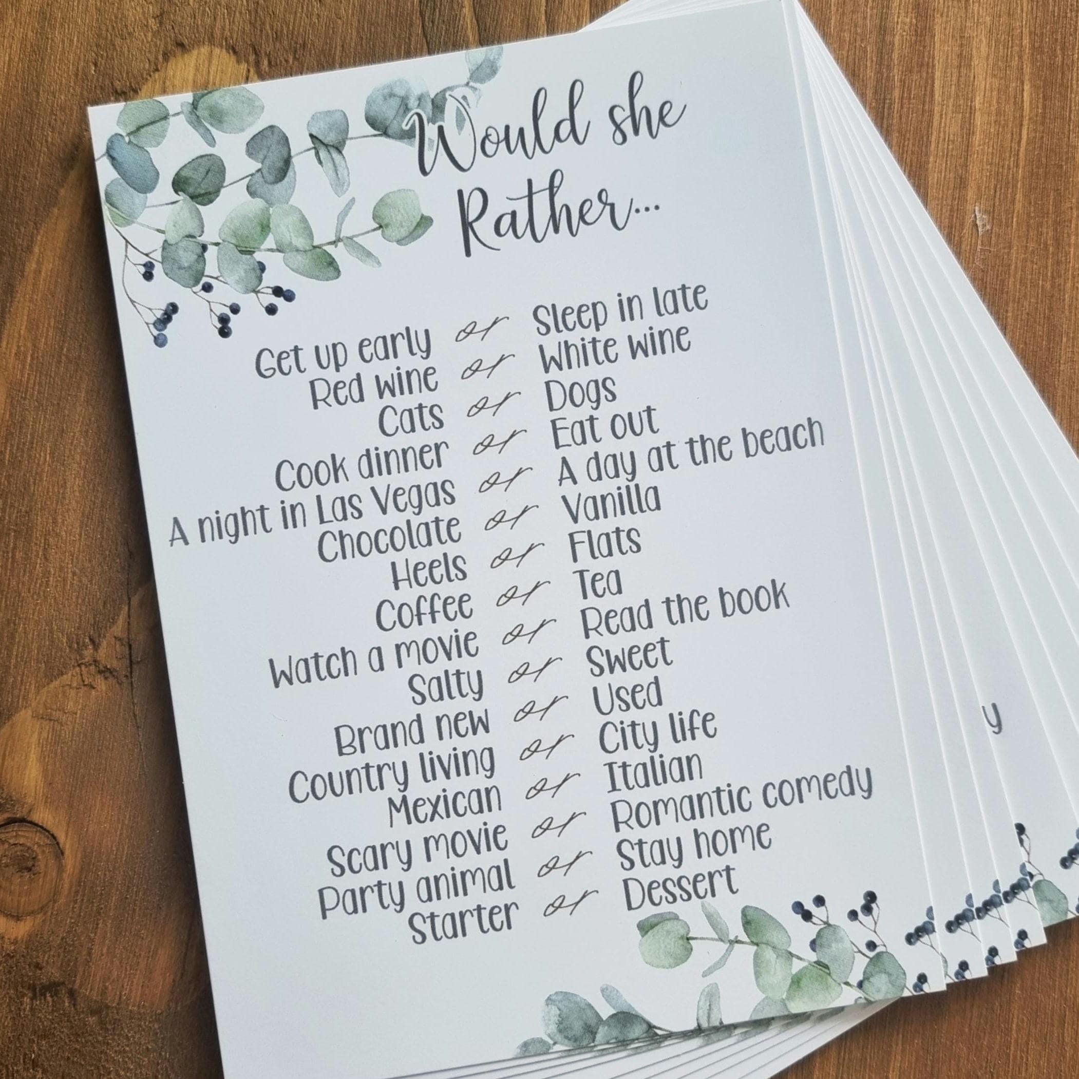 Would she (bride) rather, Hen Party Games, what did the groom say, Mr or Mrs, Guess the dress, Party Accessory, classy eucalyptus Hen Party