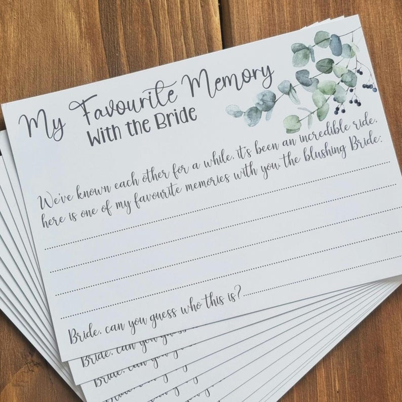 white card with my favourite memory with the bride text and eucalyptus foliage design at the top with some lines below it