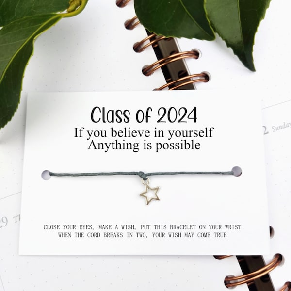 Klasse van 2024 Schoolverlaters cadeau Wish Bracelet Card, Cadeau voor leerlingen studenten Universiteit, College Felicitatie Cadeau, schitteren als een ster