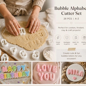 Puede incluir: Un juego de cortadores de alfabeto de burbujas de plástico blanco con 26 piezas, utilizado para cortar letras en masa. La imagen muestra las letras cortadas en masa y ejemplos de las letras que deletrean "Happy Birthday", "Love You" y "Mila".