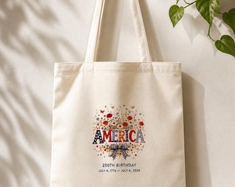 Floral America Tote Bag, Patriotic Shoulder Carryall, USA 250 Anniversary Shopper, Fourth of July Everyday Market Bag