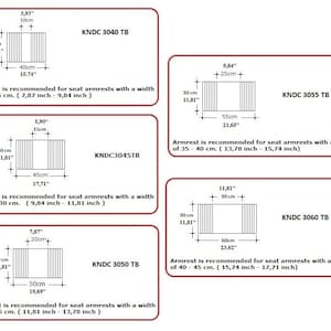K&ouml;nnte beinhalten: Diagramm mit vier verschiedenen Armlehnenma&szlig;en f&uuml;r St&uuml;hle, mit Ma&szlig;en in Zoll und Zentimetern. Die Armlehnenma&szlig;e werden f&uuml;r Sitzarmlehnen mit einer Breite von 20-25 cm, 25-30 cm, 30-35 cm und 40-45 cm empfohlen. Jedes Diagramm enth&auml;lt die KNDC-Modellnummer.