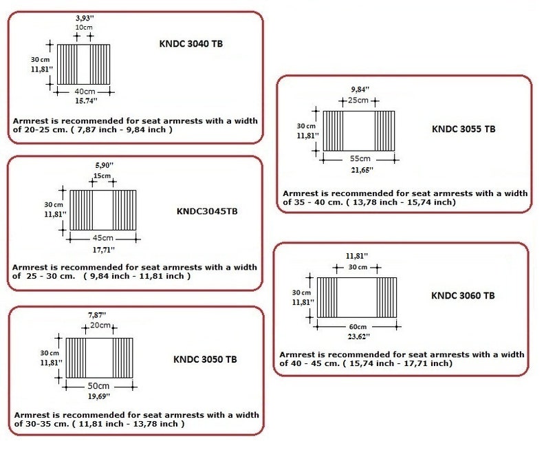 K&ouml;nnte beinhalten: Diagramm mit vier verschiedenen Armlehnenma&szlig;en f&uuml;r St&uuml;hle, mit Ma&szlig;en in Zoll und Zentimetern. Die Armlehnenma&szlig;e werden f&uuml;r Sitzarmlehnen mit einer Breite von 20-25 cm, 25-30 cm, 30-35 cm und 40-45 cm empfohlen. Jedes Diagramm enth&auml;lt die KNDC-Modellnummer.
