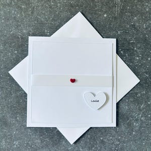 Gratulationskarte  Mädchen / Cherie / LIEBE / Micro Samt Herz / rot /  * minimalistisch * edel * personalisiert Namen Datum Geldfach weiß