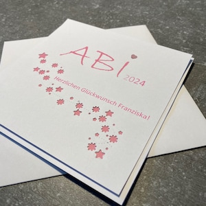 Karte zum Abitur 2024 * Sternchen * personalisiert * Geldfach * Vorname * weiß / rosé Schildchen auf dem Umschlag + Herz