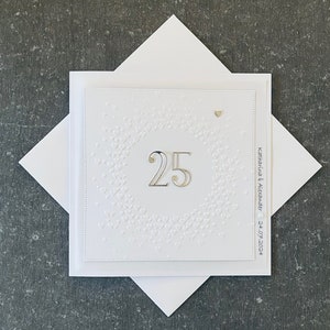 Karte zur Silberhochzeit / 25 / weiß / silber / minimalistisch * personalisiert Name & Datum Perle kleines Herzchen