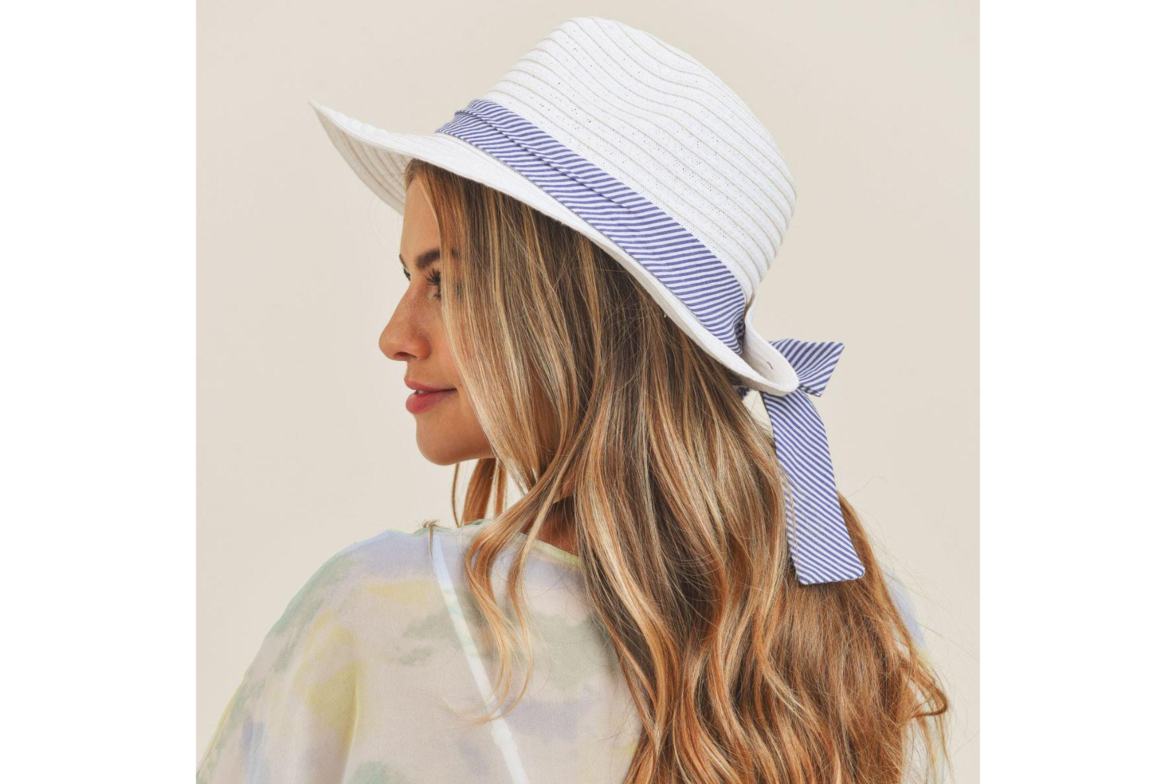 White Striped Ribbon Button Fedora Hat White Braided Wide Brim Pinch Crown Fedora Hat – Suits & More main image 2