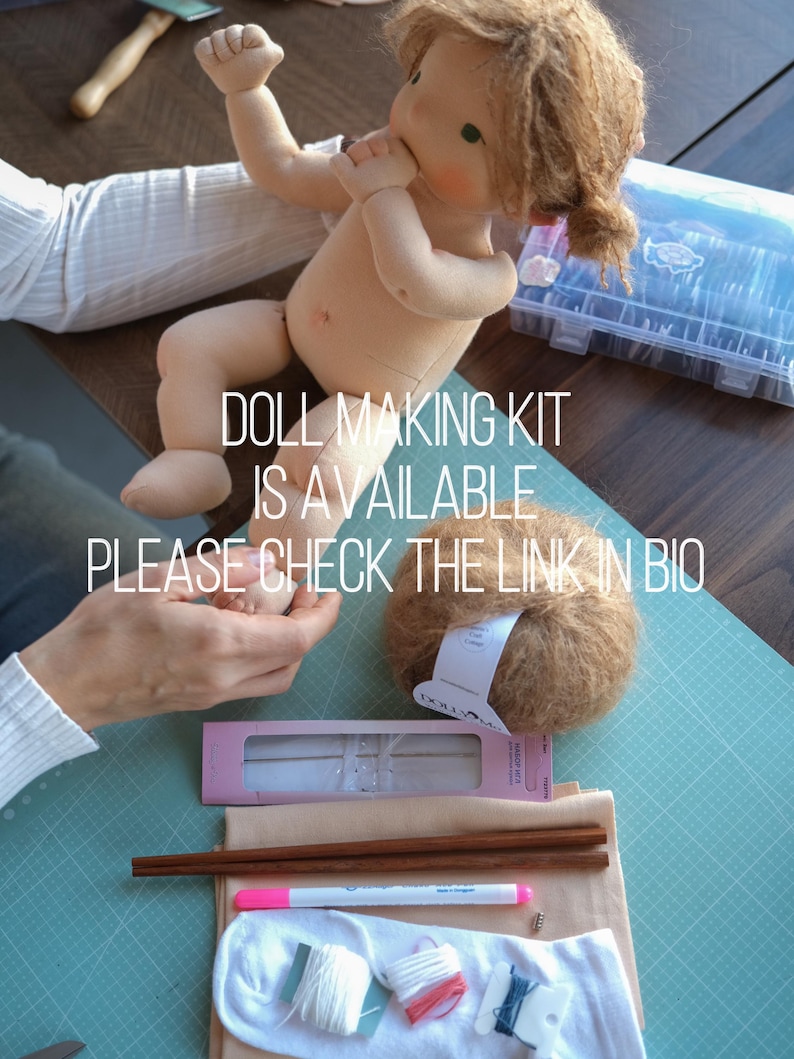 May include: A doll-making kit with a cloth doll, yarn, needles, thread, and other supplies. The doll is light-skinned with brown hair. Text on the image reads: DOLL MAKING KIT IS AVAILABLE PLEASE CHECK THE LINK IN BIO.