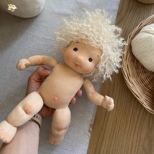 May include: A handmade cloth doll with a light skin tone, curly white hair, and painted facial features. The doll has a soft body and limbs, with stitched details. The doll is approximately 10 inches tall.