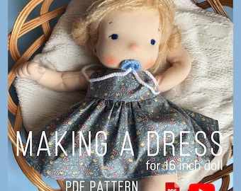 Dress for Waldorf style baby doll 16 inches - PDF pattern and  video instructions