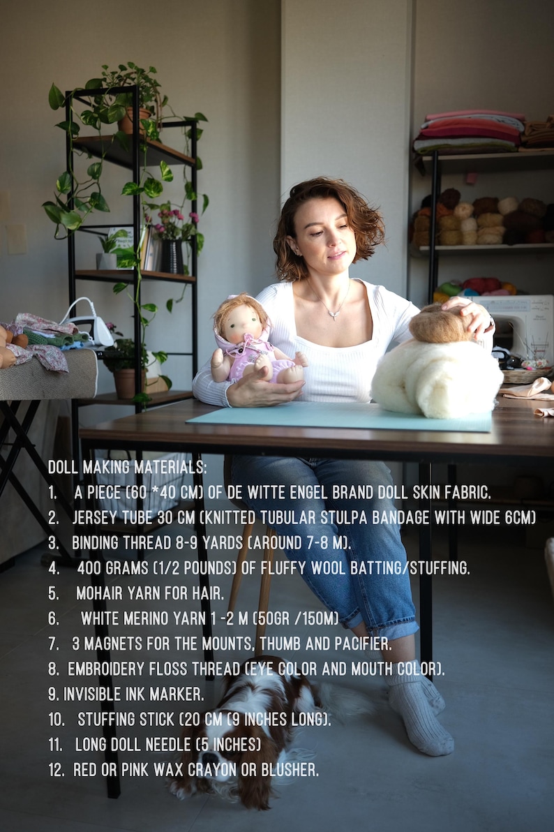 May include: A woman is holding a doll and doll-making materials. The materials include fabric, yarn, thread, stuffing, magnets, and a stuffing stick (9 inches long). The text on the image lists the materials needed to make a doll.