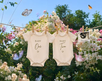 Plantilla para anunciar el embarazo de gemelos, Canva editable para anunciar gemelos, body para bebé uno y bebé dos, anuncio de bebés gemelos.
