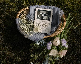 Plantilla para anunciar el embarazo de un niño, plantilla de Canva para revelar que es un niño, anuncio de ultrasonido editable, anuncio de bebé con flores neutras