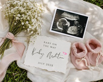 Plantilla para anunciar el embarazo de una niña, plantilla editable de Canva para revelar la noticia mediante ecografía, cartel rosa para anunciar la llegada del bebé, ¡Bebé en camino!