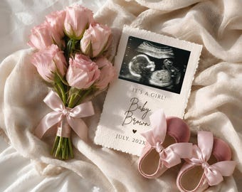 Plantilla para anunciar el embarazo de una niña, plantilla de Canva para revelar que es una niña, anuncio de bebé con lazo rosa, anuncio de ecografía editable.
