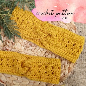 Twisted headband crochet pattern - crochet headwrap - size baby, toddler, child, adult, customizable fit - Wattle in Bloom headwrap - PDF