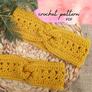 May include: Two mustard yellow crochet headbands with a textured design, on a woven mat. The text "crochet pattern PDF" is visible. The headbands are handmade and appear soft. The design features a twisted knot.