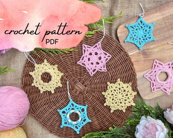 Crochet snowflake pattern - wooden ring snowflake - crochet star ornaments, decoration - Quick, easy pattern & charts - 8ply/customizable.