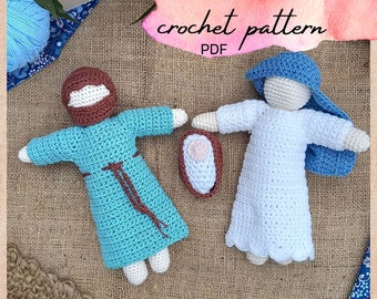 Wzór na szydełkową szopkę bożonarodzeniową; Prosty wzór na zestaw do zabawy amigurumi na Boże Narodzenie; Lalki do szopki; Szydełkowanie świąteczne; Jezus, Maryja, Józef (pobierz plik PDF)