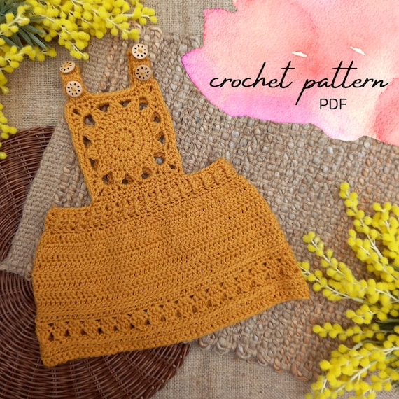 Crochet Girls Pinafore Dress Pattern; sizes Baby to 6 Years; Sun Motif; Easy, seamless construction;  DK/8ply yarn; PDF download
