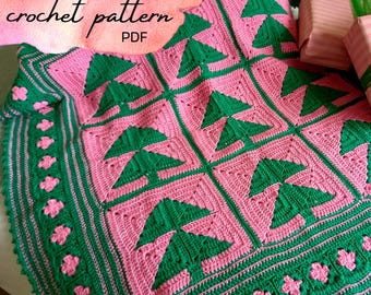 Christmas tree blanket crochet pattern; Christmas crochet afghan; winter; crochet squares blanket; retro style; cabin style; pdf download