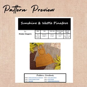 Może przedstawiać: Wz&oacute;r na szydełkowy fartuszek o nazwie "Sunshine & Wattle Pinafore" autorstwa Mariji Sliogeris. Wz&oacute;r zawiera instrukcje dla rozmiar&oacute;w od 0 do 3 miesięcy do 6 lat, wykorzystując terminologię szydełkową z Wielkiej Brytanii. Wz&oacute;r jest oceniany jako łatwy dla doświadczonych początkujących.