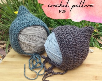 Crochet Pixie Bonnet Pattern; Easy No-Sew Design; sizes Baby, Child, Adult; worsted weight/10ply yarn (PDF Download)