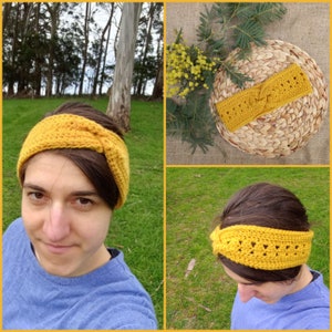 May include: Mustard yellow crochet headband. The headband is shown in three different views. One view shows the headband being worn. The other views show the headband on a woven mat with yellow flowers and greenery.