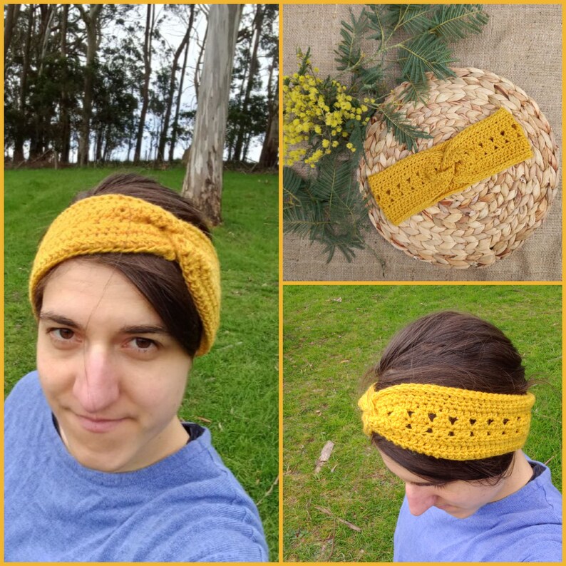 May include: Mustard yellow crochet headband. The headband is shown in three different views. One view shows the headband being worn. The other views show the headband on a woven mat with yellow flowers and greenery.