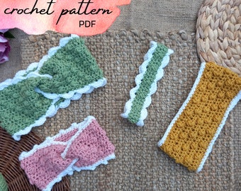 Easy, customizable crochet headband pattern; crochet twisted headwrap pattern; sizes baby to adult; DK 8ply yarn; textured puff stitch; PDF