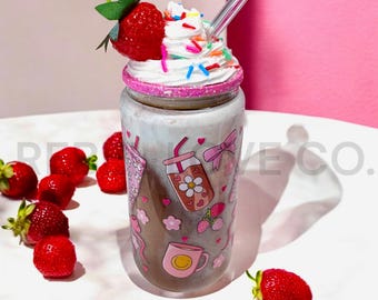 Vaso de café con leche de 16 oz, crema batida, breve, americano, fresa, chispas, café, bebida, bebida rosa, frappuccino, espuma fría