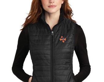 Mckinney north high school bulldogs embroidered Texas M ladies packable puffy vest ---3 colors