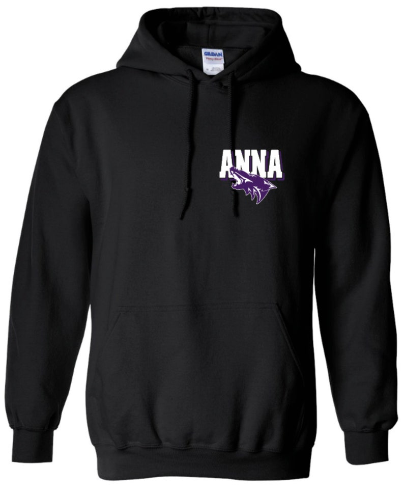 May include: Black hooded sweatshirt with a purple wolf graphic and the word "ANNA" in white letters.