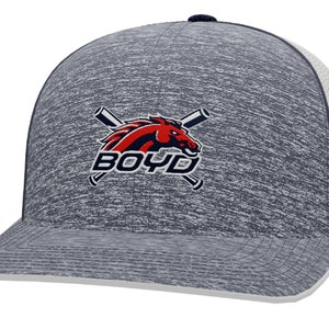 May include: A gray and white baseball cap with a red horse logo and the word "BOYD" in blue lettering. The cap has a mesh back.