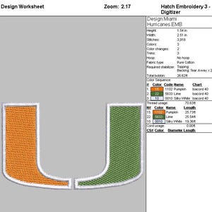 May include: A digital embroidery design for the University of Miami Hurricanes logo. The logo is a stylized "U" in orange and green. The design is 1.54 inches tall and 2.51 inches wide, with 3,918 stitches and 3 colors. The design requires 26.62 feet of bobbin thread.