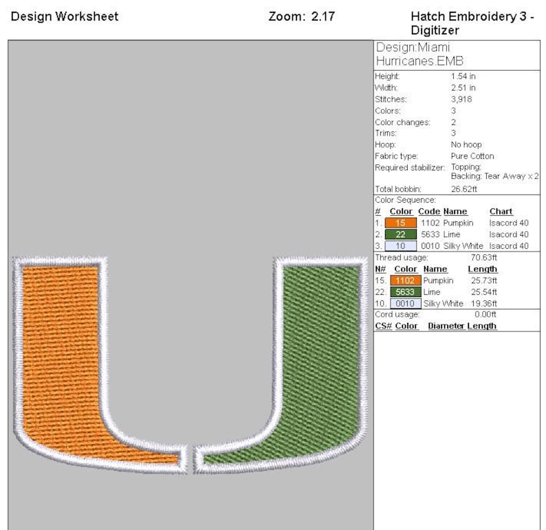 May include: A digital embroidery design for the University of Miami Hurricanes logo. The logo is a stylized "U" in orange and green. The design is 1.54 inches tall and 2.51 inches wide, with 3,918 stitches and 3 colors. The design requires 26.62 feet of bobbin thread.