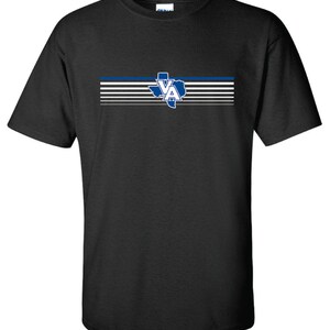 May include: Black t-shirt with a blue and white striped design featuring a Texas state outline with the letters "VA" inside.