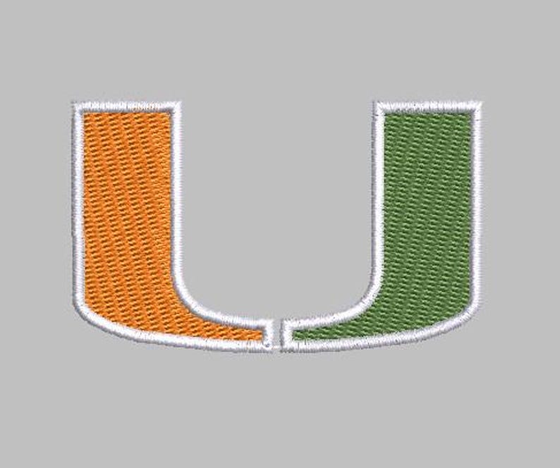 May include: A white outlined embroidered patch with a large letter "U" in orange and green. The "U" is made of two separate pieces, one orange and one green, that are joined together.