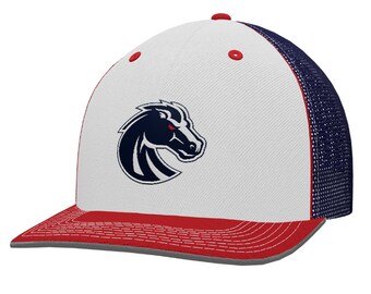 Mckinney boyd high school broncos head trucker flex-fit hat ---white, blue, & red