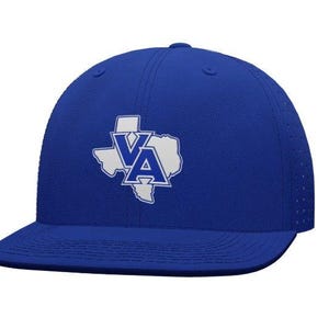 May include: A royal blue baseball cap with a white outline of the state of Texas and the letters "VA" in blue inside the outline.