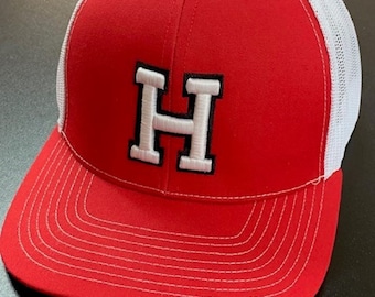 Pacific large white H trucker snapback hat ---red & white